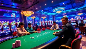 Experience the excitement of BJ88 Com at a luxurious casino blackjack table with vibrant chips and cards.