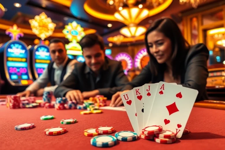 Hit club poker players celebrate their winning hand at a vibrant casino table.