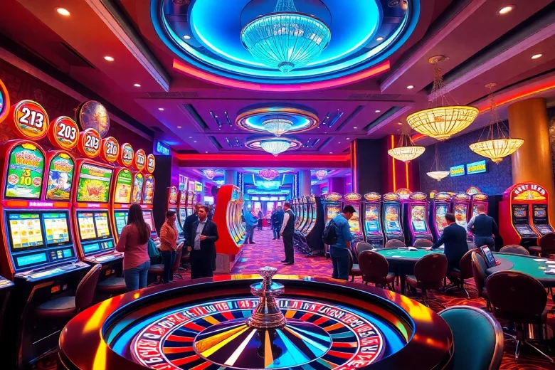 Exciting casino scene at hm88.com featuring slot machines and roulette tables.